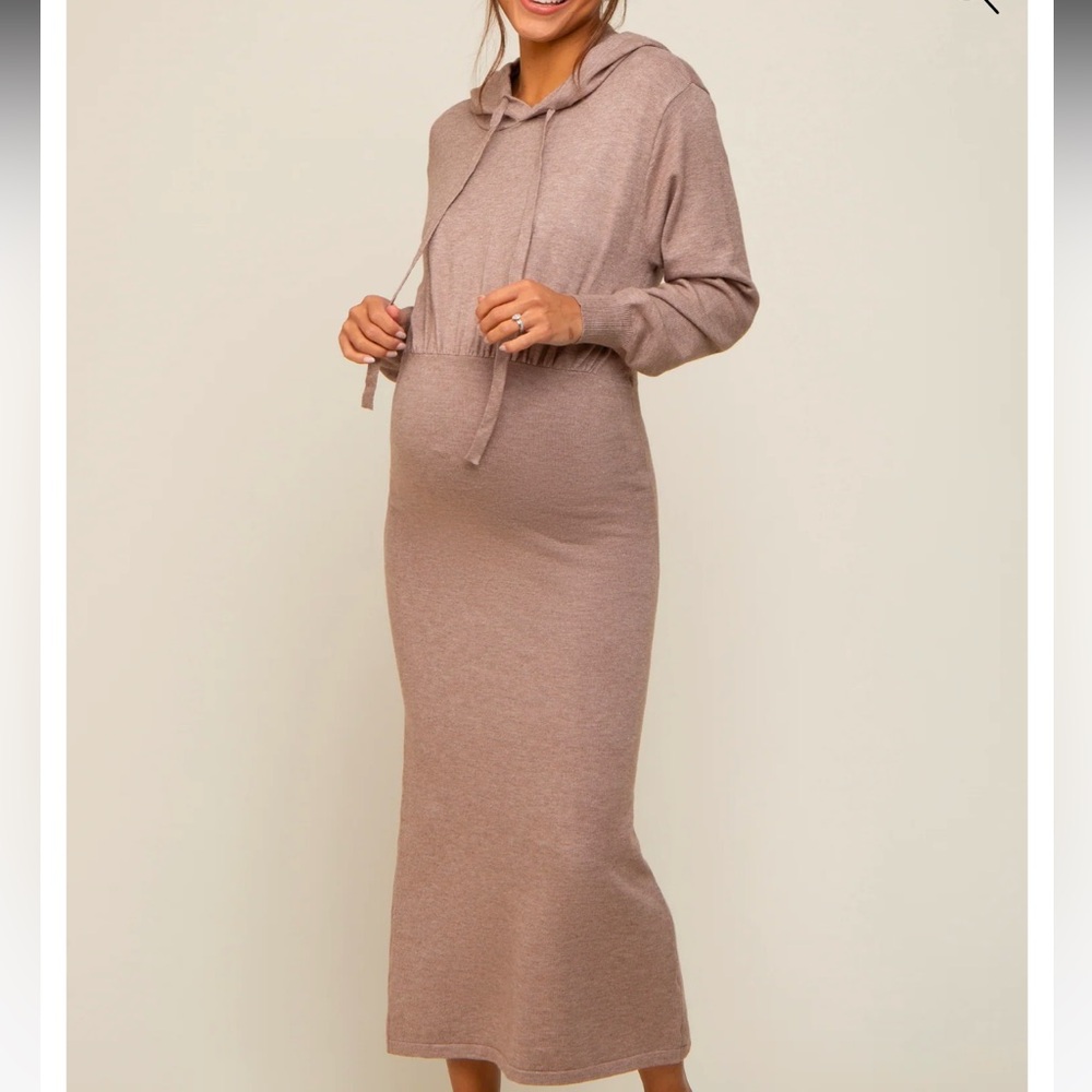 Mocha Knit Hooded Long Sleeve Maternity Dress